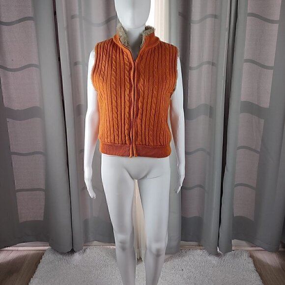 KIKIT Jackets & Blazers - Kikit Women’s Orange Zipped Faux Fur Lining 100% Cotton Sweater Vest Size Small